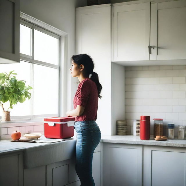 A woman standing in a kitchen, staring out the window with a thoughtful expression