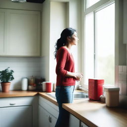 A woman standing in a kitchen, staring out the window with a thoughtful expression