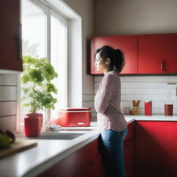 A woman standing in a kitchen, staring out the window with a thoughtful expression