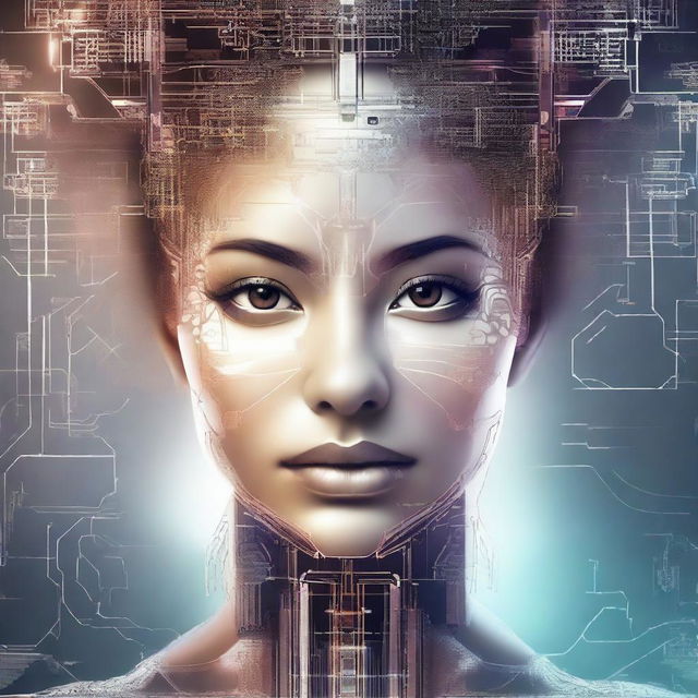 A futuristic and artistic portrait of a woman's face, created in an AI art style