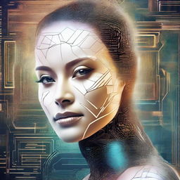 A futuristic and artistic portrait of a woman's face, created in an AI art style