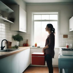 A woman stands in a kitchen, staring out the window with a contemplative expression