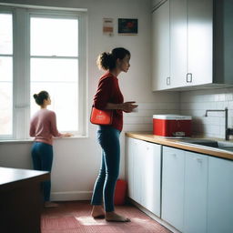 A woman stands in a kitchen, staring out the window with a contemplative expression