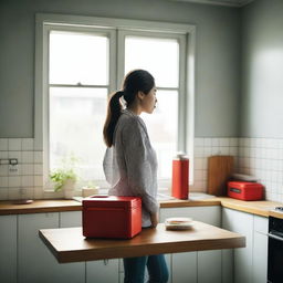 A woman stands in a kitchen, staring out the window with a contemplative expression