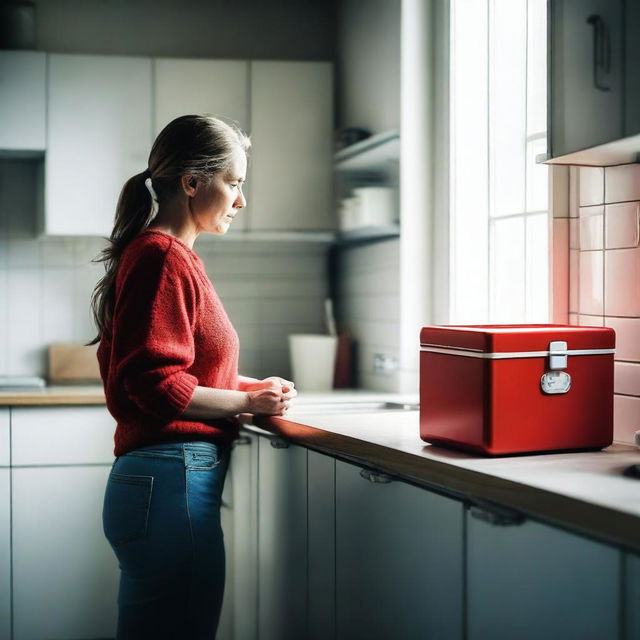 A woman stands in a kitchen, staring out the window with a contemplative expression