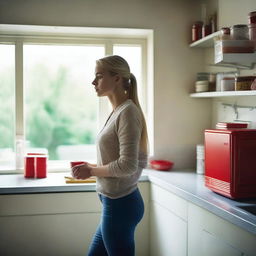 A beautiful blond woman stands in a kitchen, staring thoughtfully out the window