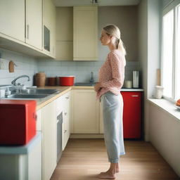 A beautiful blond woman stands in a kitchen, staring thoughtfully out the window