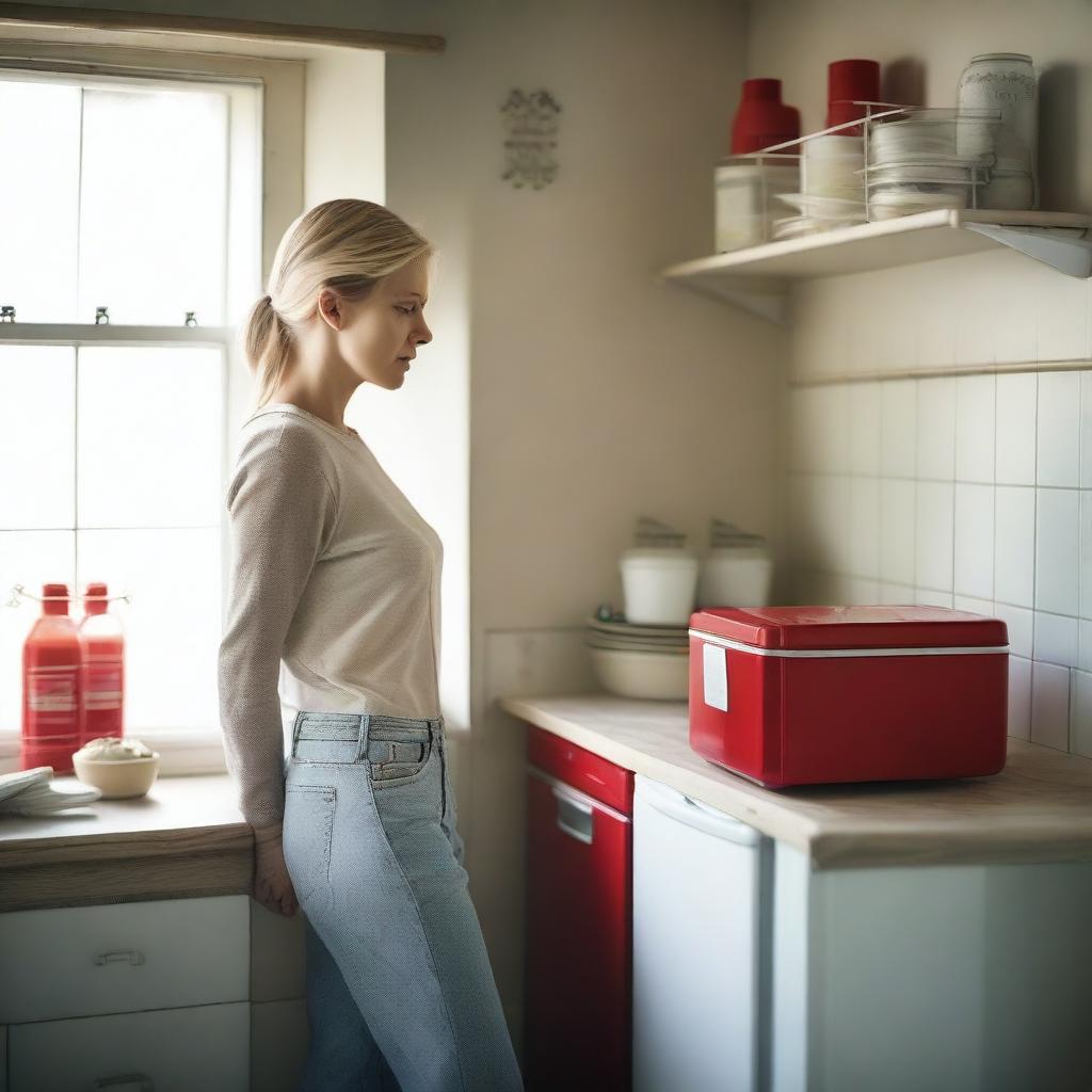 A beautiful blond woman stands in a kitchen, staring thoughtfully out the window