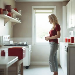 A beautiful blond woman stands in a kitchen, staring thoughtfully out the window