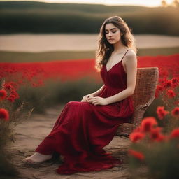 A young woman posing for a photoshoot in a forested area, with flowers blooming and some water flowing over the sandy ground