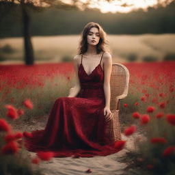 A young woman posing for a photoshoot in a forested area, with flowers blooming and some water flowing over the sandy ground