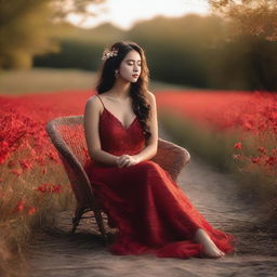 A young woman posing for a photoshoot in a forested area, with flowers blooming and some water flowing over the sandy ground