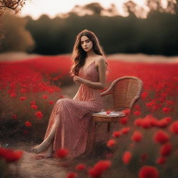 A young woman posing for a photoshoot in a forested area, with flowers blooming and some water flowing over the sandy ground