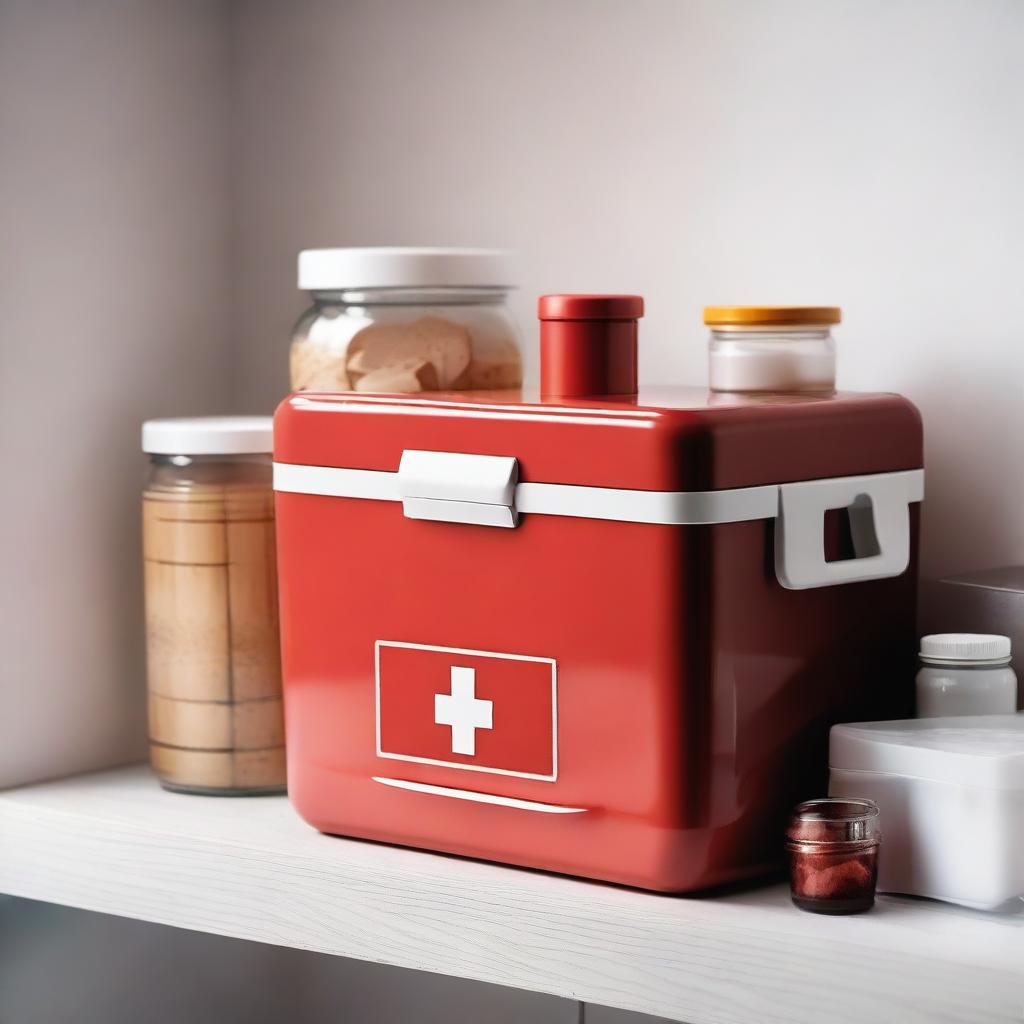 A red medical cooler box is placed on a kitchen shelf