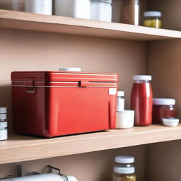 A red medical cooler box is placed on a kitchen shelf