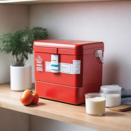 A red medical cooler box is placed on a kitchen shelf