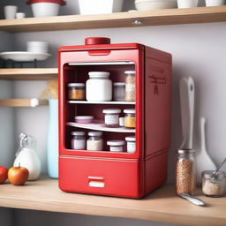 A red medical cooler box is placed on a kitchen shelf