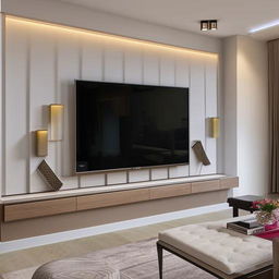 An elegant and modern living room with a strategically placed TV wall. The wall is adorned with interesting design elements that serve both functional and aesthetic purposes.