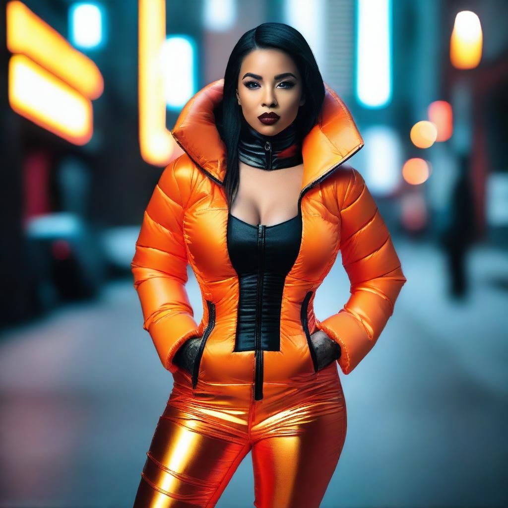 A stylish woman wearing a tight, shiny orange puffer corset, posing confidently