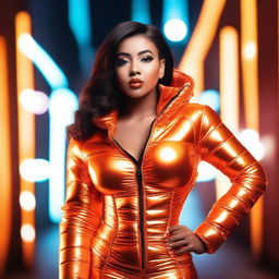 A stylish woman wearing a tight, shiny orange puffer corset, posing confidently