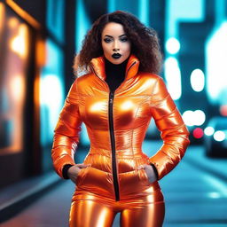 A stylish woman wearing a tight, shiny orange puffer corset, posing confidently