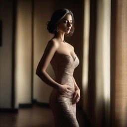 A sensual and alluring scene featuring a confident woman in an elegant, form-fitting dress