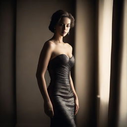 A sensual and alluring scene featuring a confident woman in an elegant, form-fitting dress