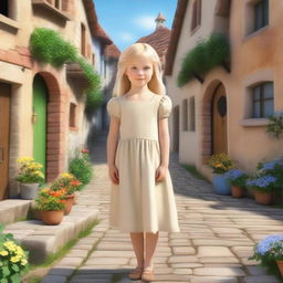 A little blonde girl with medium-length hair, wearing a cream dress