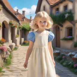 A little blonde girl with medium-length hair, wearing a cream dress