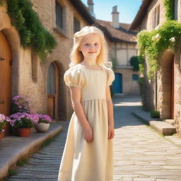 A little blonde girl with medium-length hair, wearing a cream dress