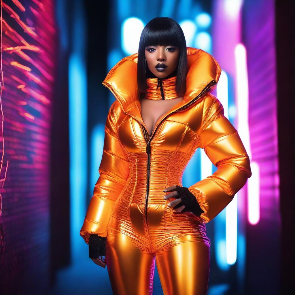 A fashionable woman wearing a tight, shiny orange puffer corset, posing confidently in an urban setting with neon lights