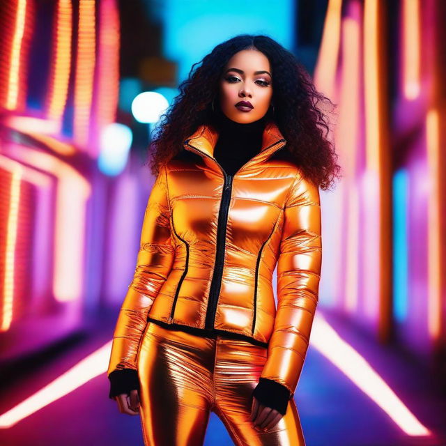 A fashionable woman wearing a tight, shiny orange puffer corset, posing confidently in an urban setting with neon lights