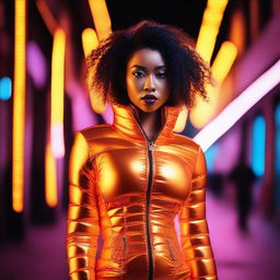 A fashionable woman wearing a tight, shiny orange puffer corset, posing confidently in an urban setting with neon lights