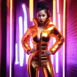 A fashionable woman wearing a tight, shiny orange puffer corset, posing confidently in an urban setting with neon lights