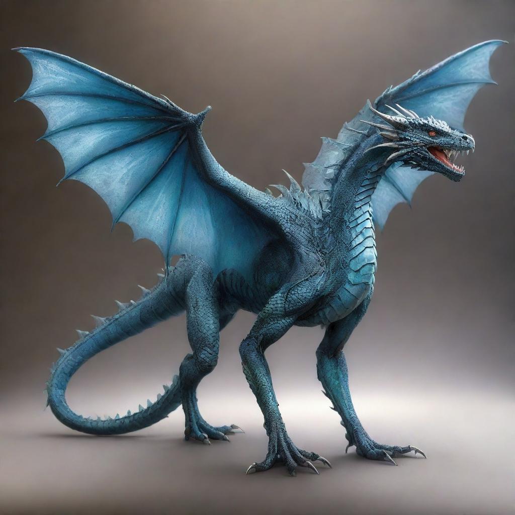 A beautiful and majestic high fantasy, blur-toned dragon with webbed talons and webbing along its spine, adorned with a stinger tail. Its wide wings can tuck seamlessly into its body, presenting an awe-inspiring appearance.