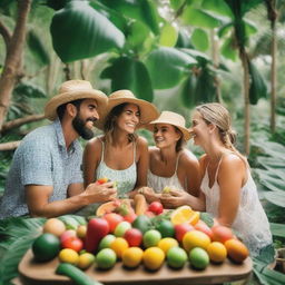 A group of happy travelers enjoying a vegan voyage, surrounded by lush greenery and fresh fruits