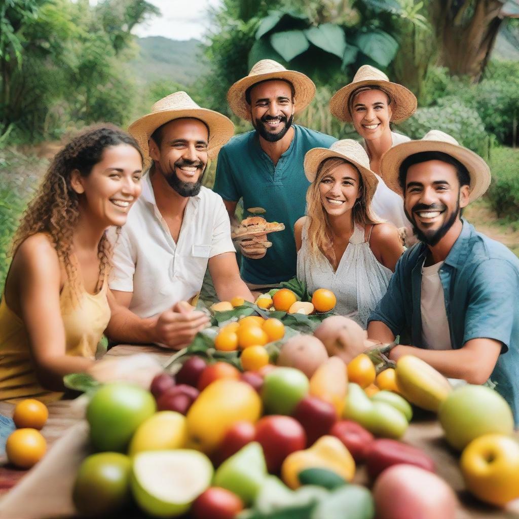 A group of happy travelers enjoying a vegan voyage, surrounded by lush greenery and fresh fruits