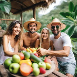 A group of happy travelers enjoying a vegan voyage, surrounded by lush greenery and fresh fruits