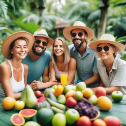 A group of happy travelers enjoying a vegan voyage, surrounded by lush greenery and fresh fruits