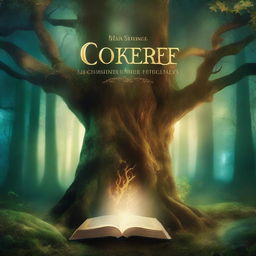 A captivating book cover featuring an enchanted forest with a mystical aura