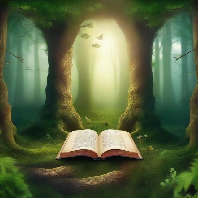 Create a captivating book cover featuring an enchanted forest with mystical creatures