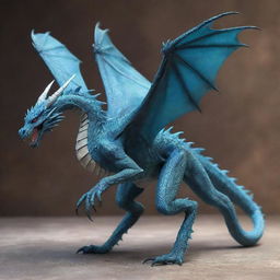 A beautiful and majestic high fantasy, blur-toned dragon with webbed talons and webbing along its spine, adorned with a stinger tail. Its wide wings can tuck seamlessly into its body, presenting an awe-inspiring appearance.