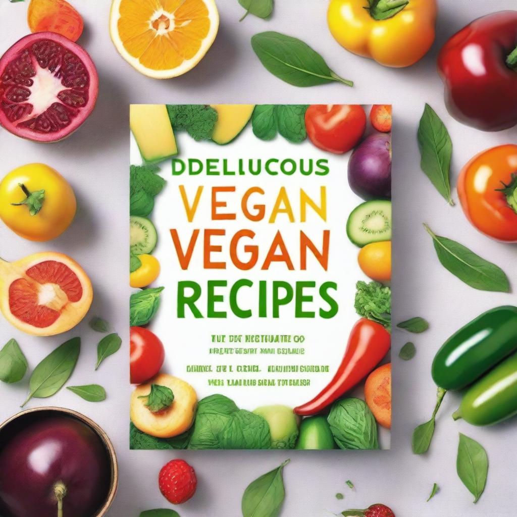 A vibrant and colorful vegan cookbook cover featuring fresh vegetables, fruits, and herbs