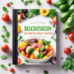 A vibrant and colorful vegan cookbook cover featuring fresh vegetables, fruits, and herbs