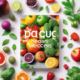 A vibrant and colorful vegan cookbook cover featuring fresh vegetables, fruits, and herbs