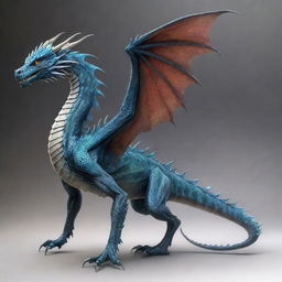 A beautiful and majestic high fantasy, blur-toned dragon with webbed talons and webbing along its spine, adorned with a stinger tail. Its wide wings can tuck seamlessly into its body, presenting an awe-inspiring appearance.