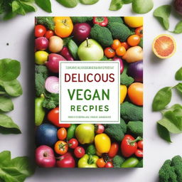 A vibrant and colorful vegan cookbook cover featuring fresh vegetables, fruits, and herbs