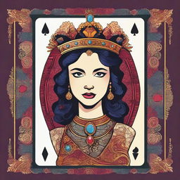 A detailed illustration of a queen face card from a deck of playing cards