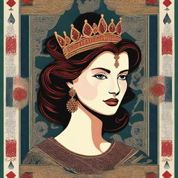 A detailed illustration of a queen face card from a deck of playing cards