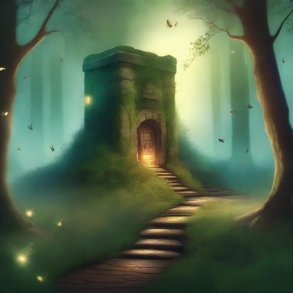 Create a captivating book cover featuring an enchanting forest with a mysterious pathway leading to a hidden castle